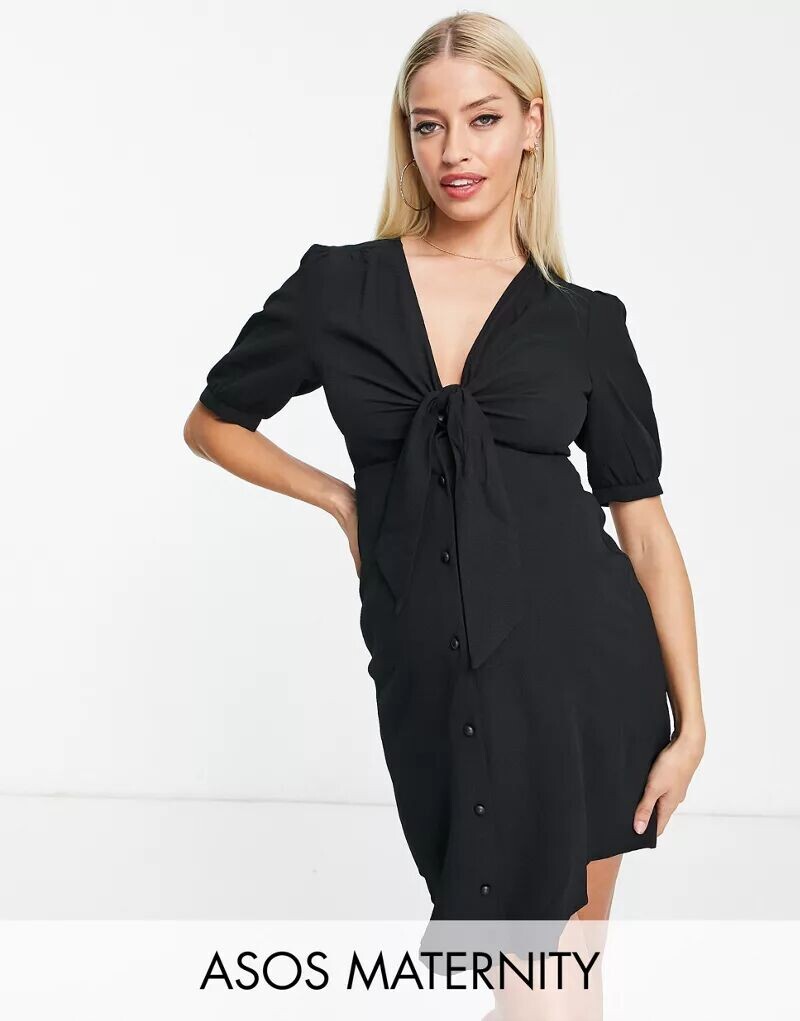

Черное мини-платье с завязкой на пуговицах спереди ASOS DESIGN Maternity