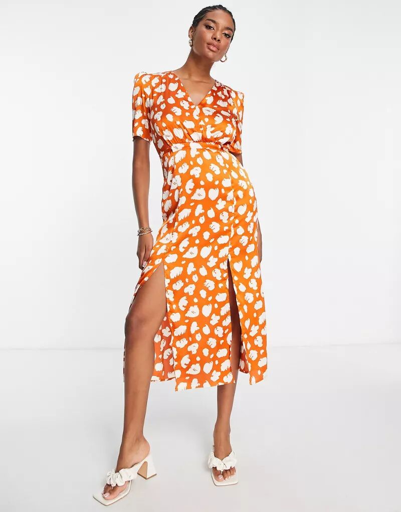 Ржаво-оранжевое платье миди с короткими рукавами и размытым принтом French Connection