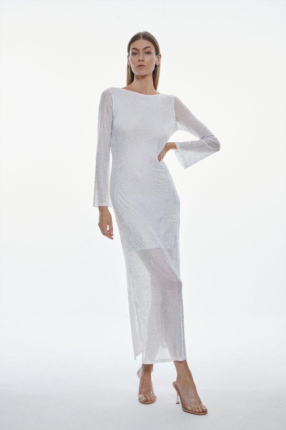 цена Платье макси из джерси с длинными рукавами и украшением по всей поверхности Karen Millen, белый