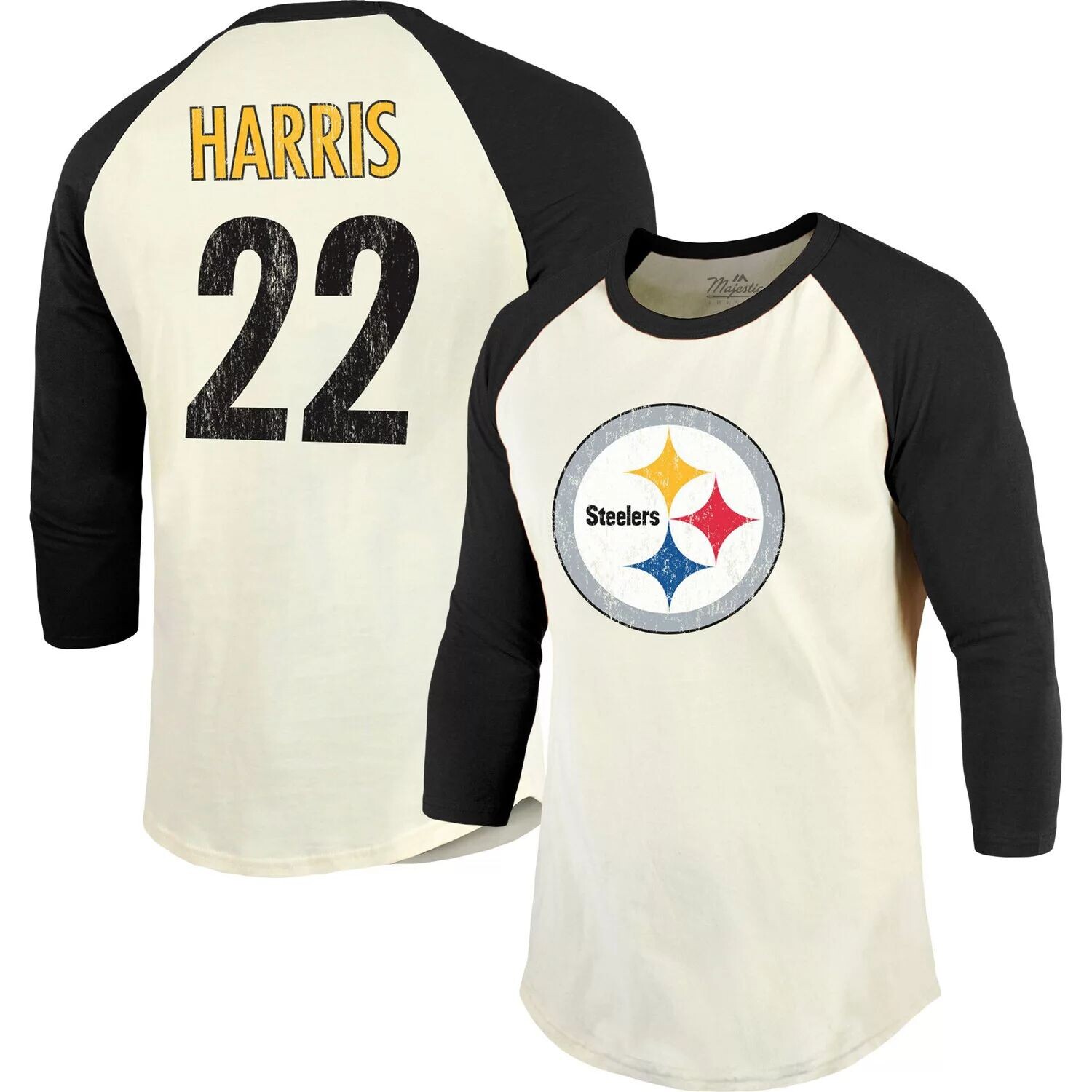 

Мужская футболка Majestic Threads Najee Harris кремового/черного цвета Pittsburgh Steelers с именем и номером игрока реглан с рукавами 3/4