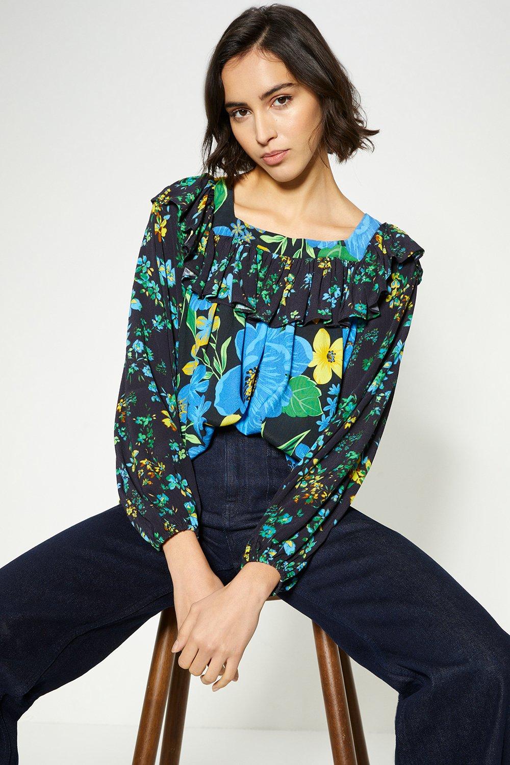 Блузка с ярким цветочным принтом и нашивками Oasis, мультиколор блузка с цветочным принтом xs черный