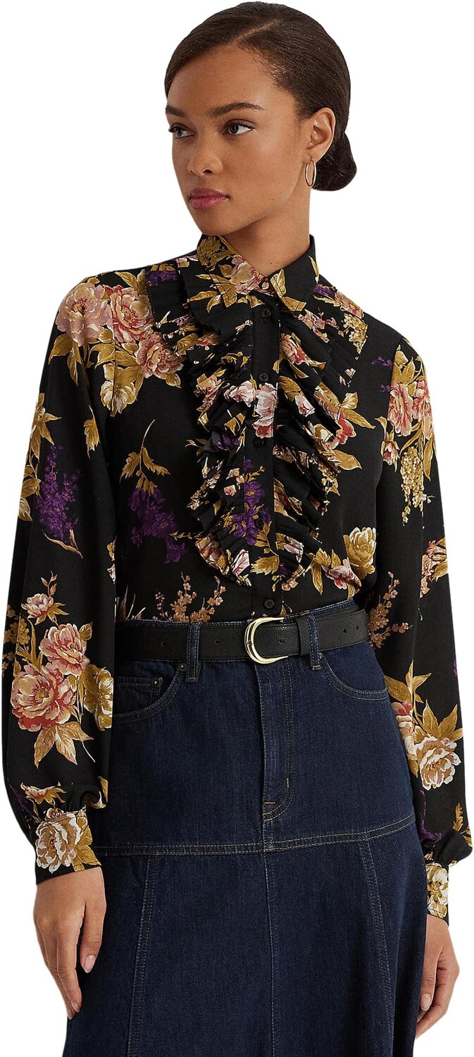 

Рубашка из жоржета с цветочным принтом и оборками LAUREN Ralph Lauren, цвет Black/Tan/Multi