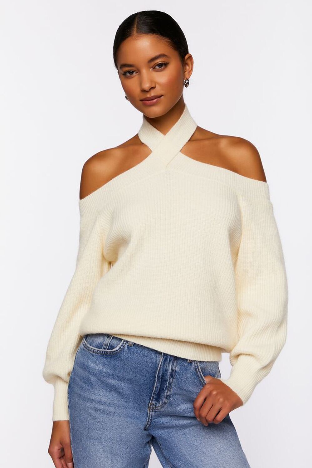 

Свитер с открытыми плечами и перекрещивающейся тканью Forever 21, кремовый, Бежевый