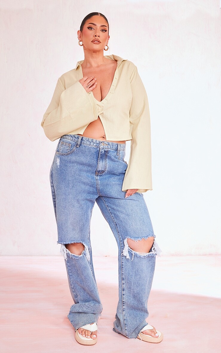 

PrettyLittleThing Оливковая льняная рубашка с длинным рукавом Plus