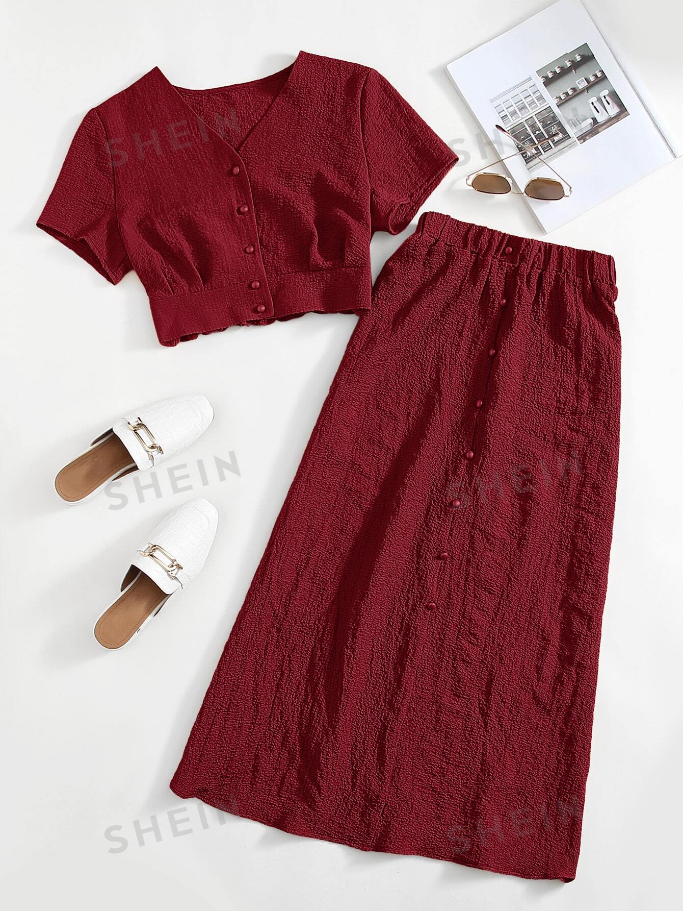 SHEIN Mulvari однотонный текстурированный повседневный комплект из двух предметов, бургундия детская летняя блузка и юбка розовая блузка и юбка