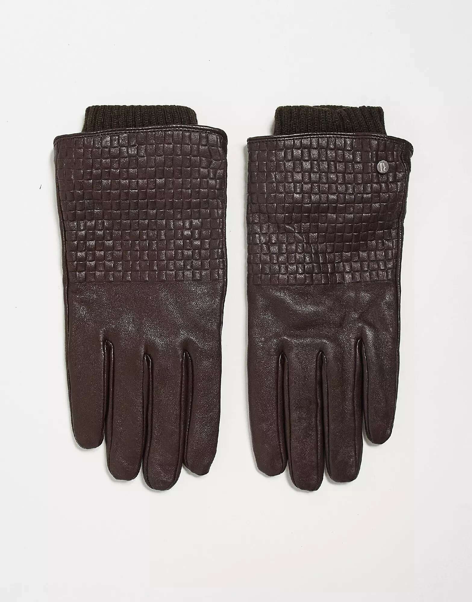 Темно-коричневые кожаные тканые перчатки River Island