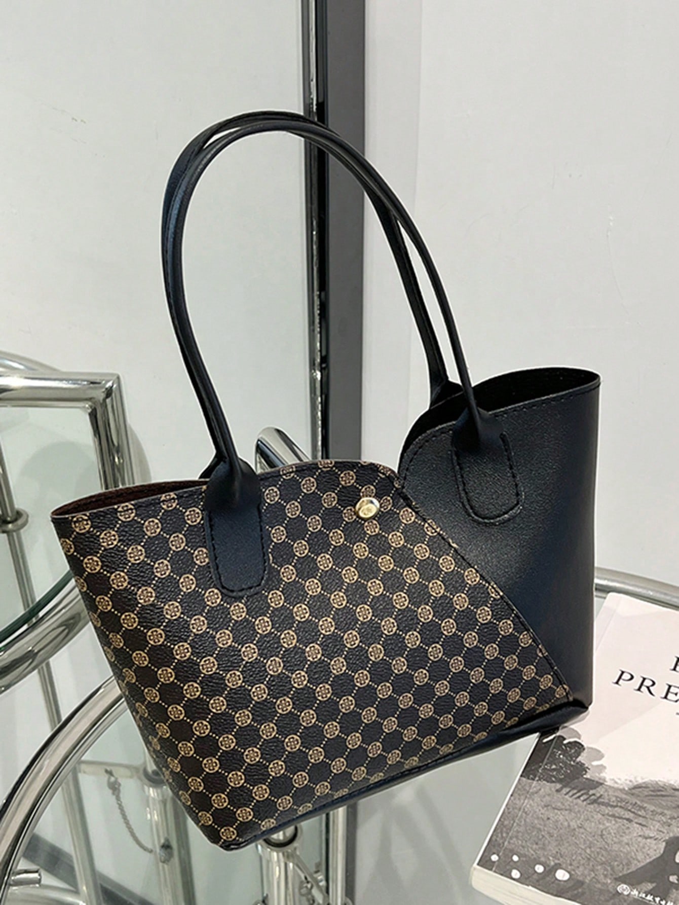 Модная универсальная тканевая сумка-корзина для покупок с дизайном цветных блоков для женщин, черный