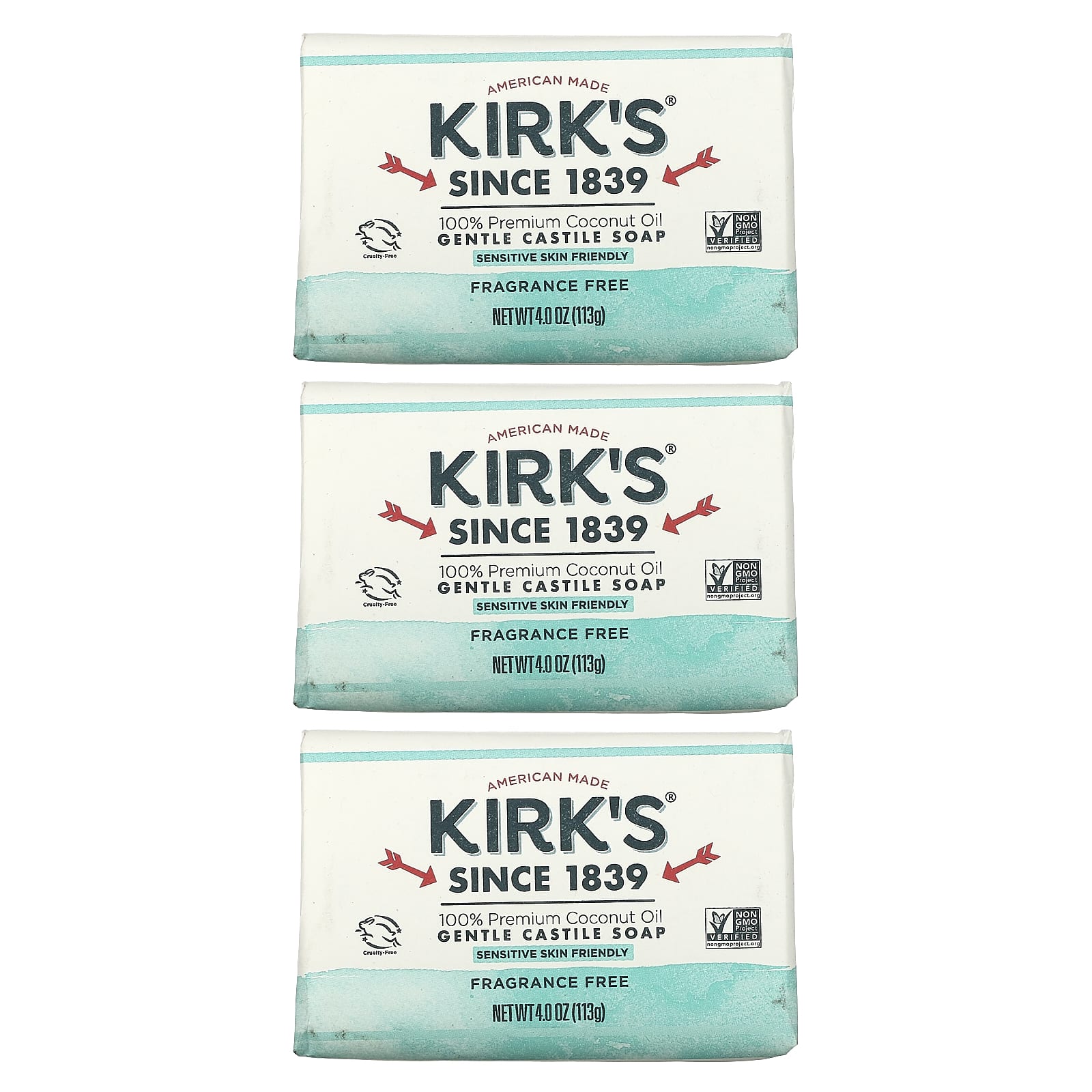 Kirk's Gentle Castile Soap Bar Fragrance Free 3 Bars 4.0 oz (113 g) Each