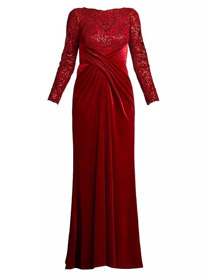 

Платье-колонна из бархата и кружева с пайетками Tadashi Shoji, красный