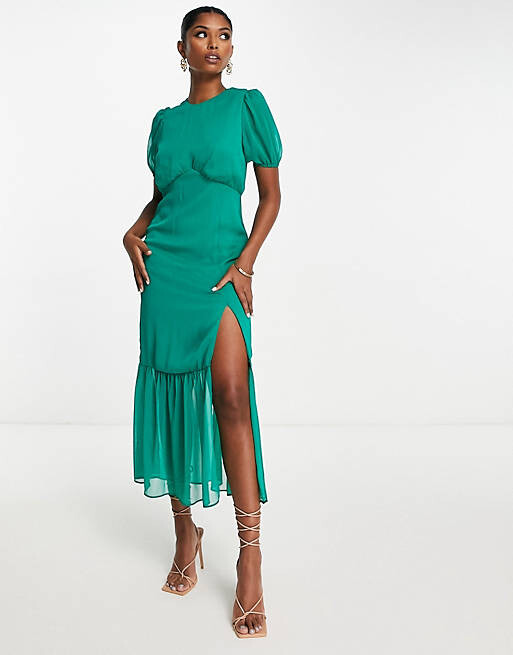 

Зеленое платье миди с ярким подолом и объемными рукавами ASOS DESIGN