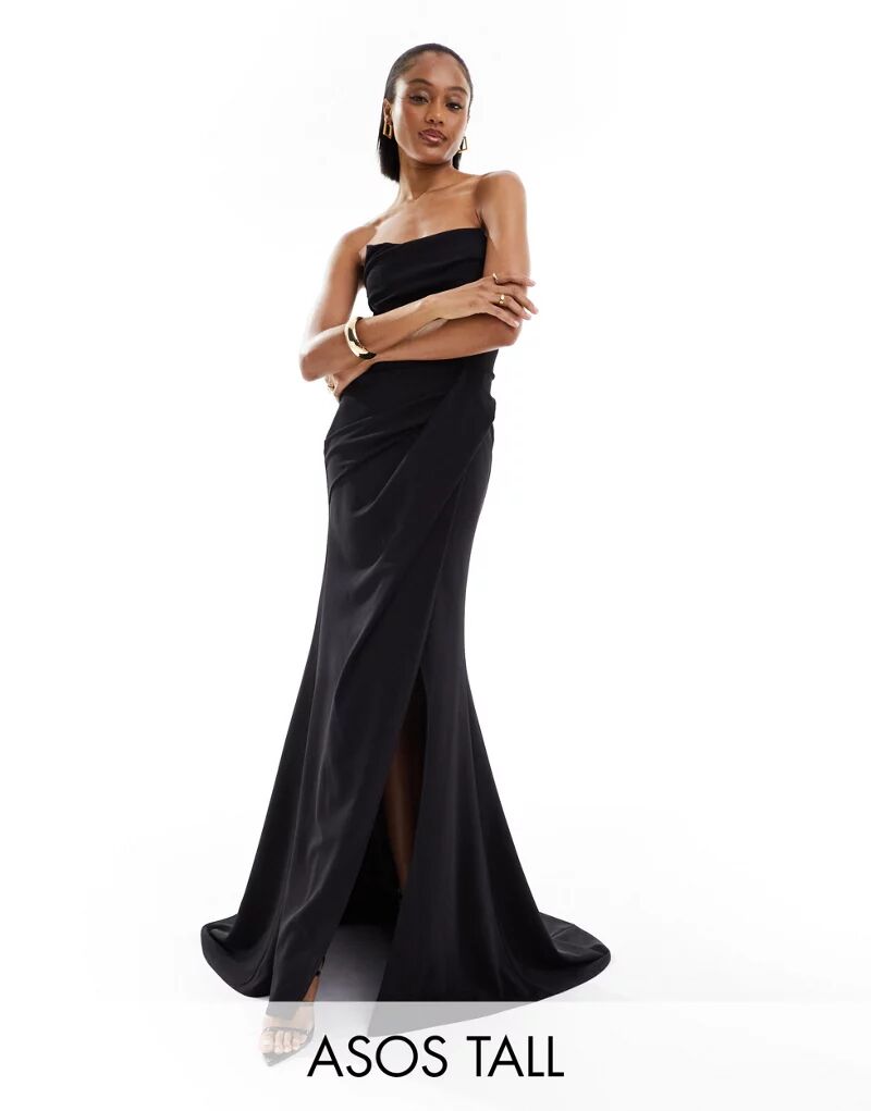 Черное драпированное платье-бандо премиум-класса с высоким разрезом ASOS DESIGN Tall
