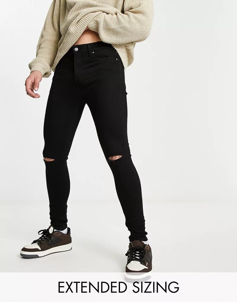 

Черные джинсы скинни ASOS из эластичного денима с рваными коленями