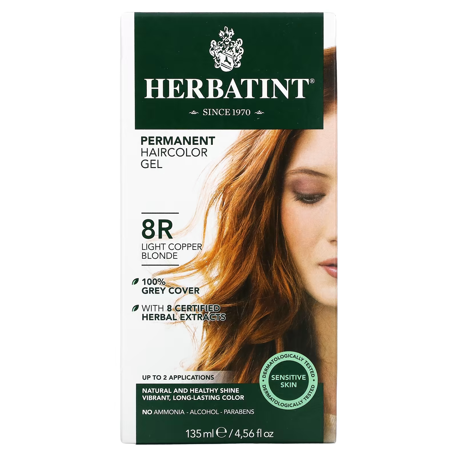 Перманентная гель-краска для волос Herbatint 8R светло-медный блондин, 135 мл
