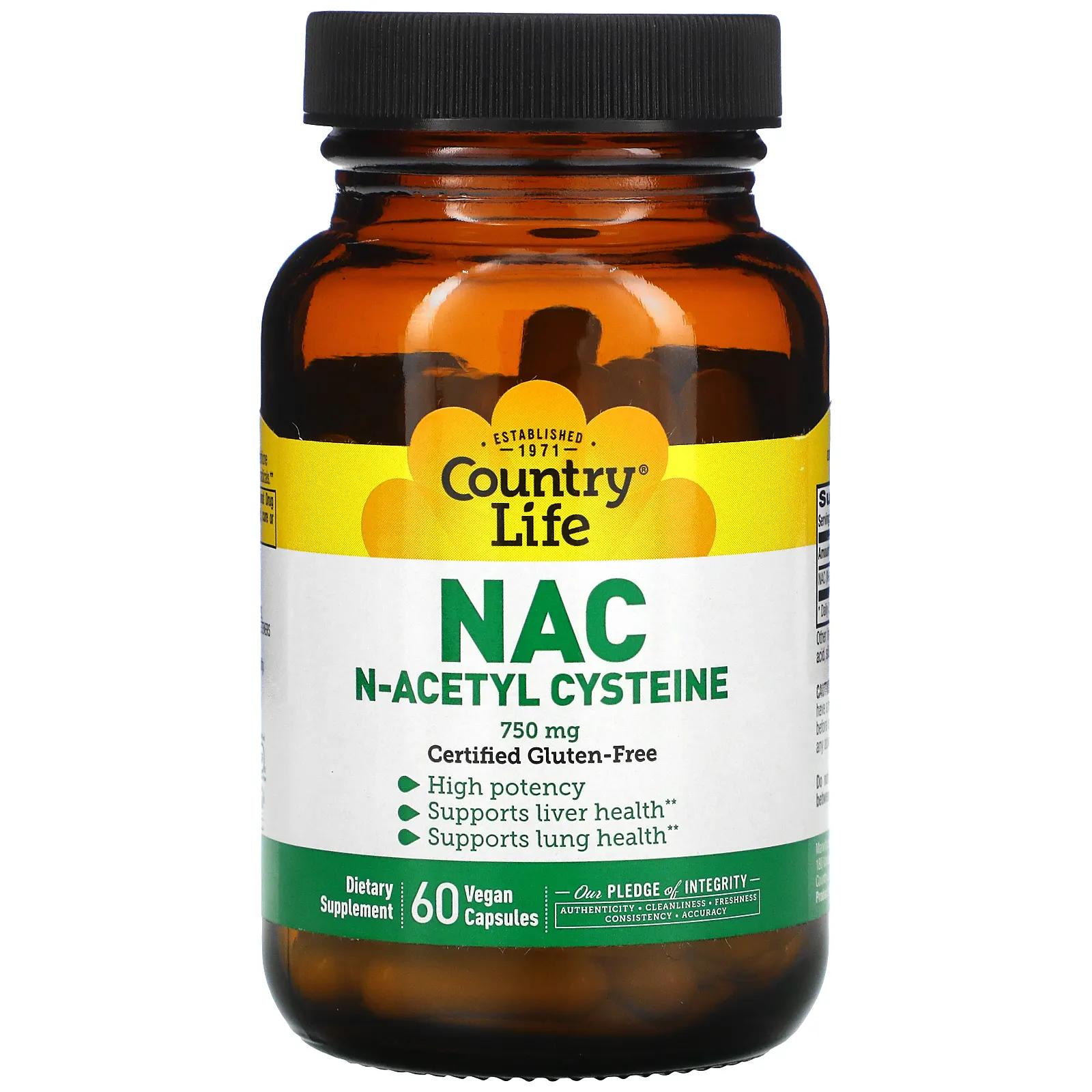 Country Life NAC N-ацетилцистеин 750 мг 60 вегетарианских капсул doctor s best n ацетилцистеин nac для регуляции процесса детоксикации 60 вегетарианских капсул