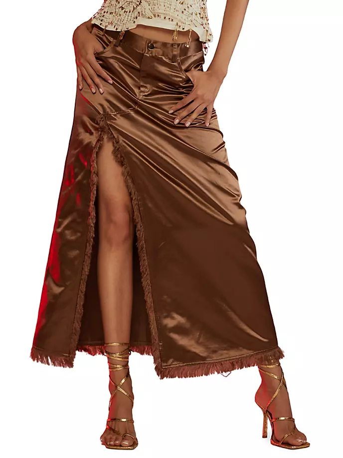 Атласная юбка макси с бахромой Cynthia Rowley, цвет coffee shanmugalingam cynthia rambutan
