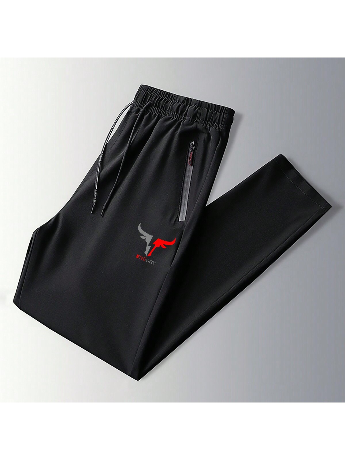 Мужские быстросохнущие спортивные брюки с красным принтом и шнурком, черный