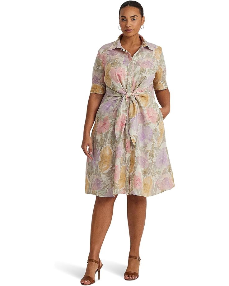 Платье LAUREN Ralph Lauren Plus-Size Floral Tie-Front Linen Shirtdress, кремовый