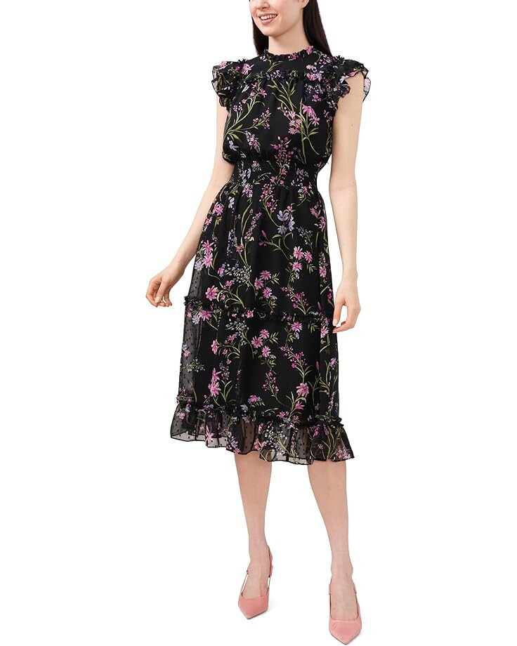 

Платье CeCe Flutter Sleeve Smocked Waist, черный