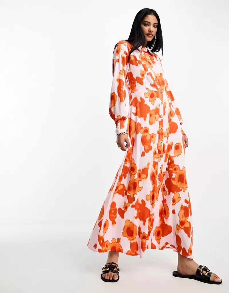 Оранжевое платье-рубашка макси с цветочным принтом Selected Femme