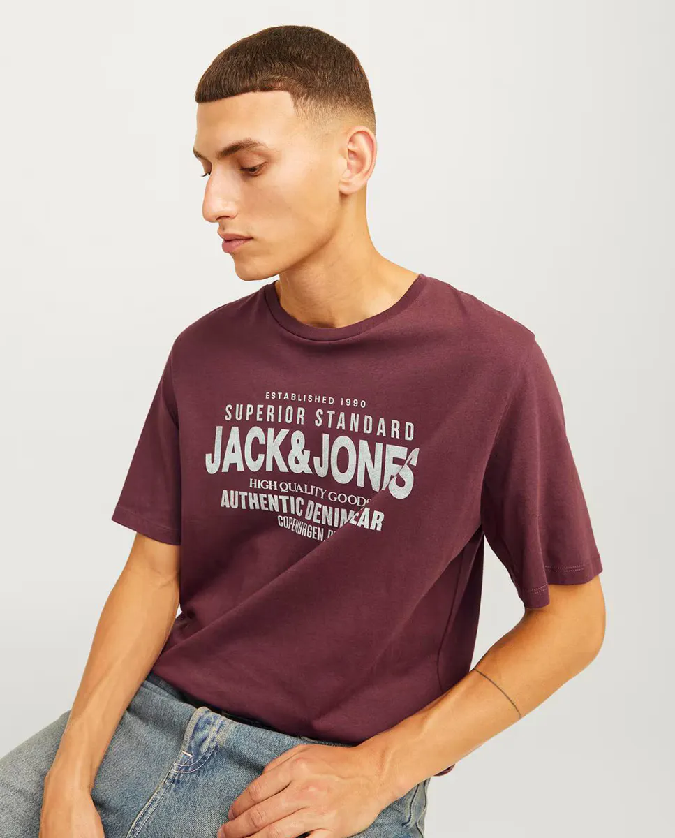 

Мужская футболка с короткими рукавами, круглым вырезом и принтом спереди Jack & Jones, бордовый