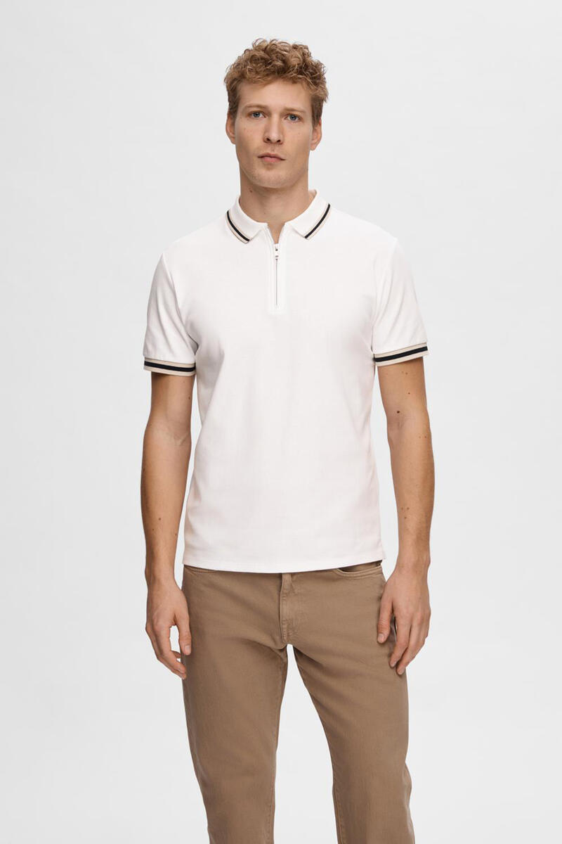 Рубашка-поло с короткими рукавами на молнии из переработанного хлопка. Selected, белый