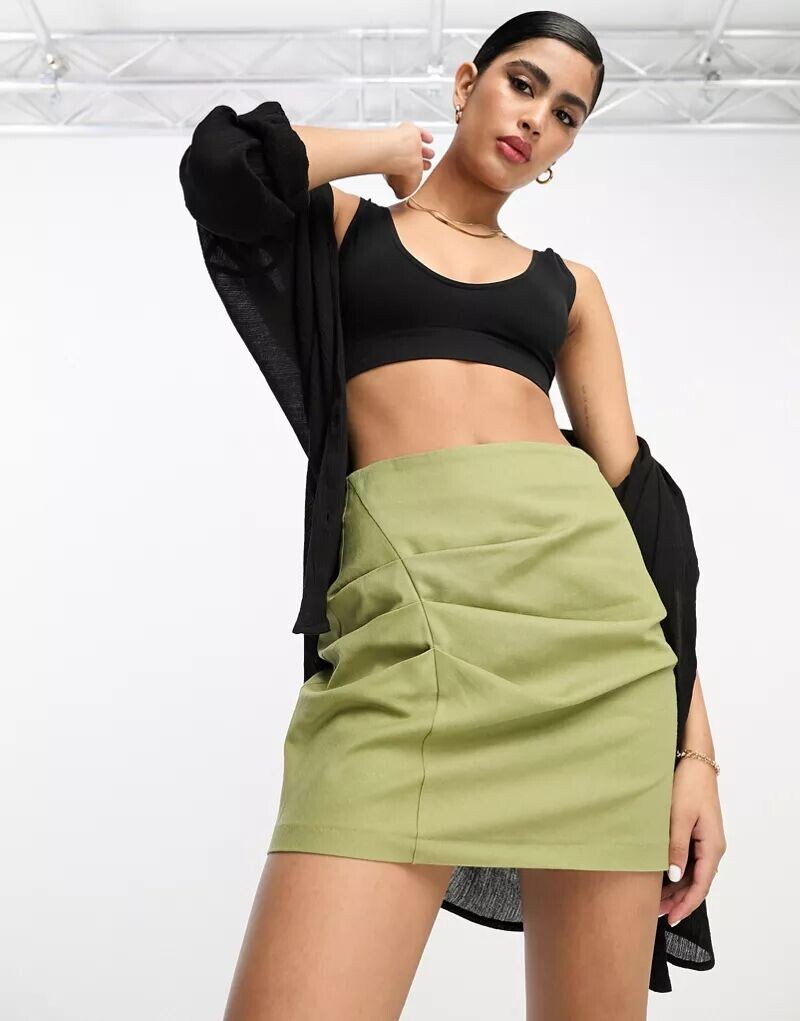 

Зеленая льняная юбка со сборками ASOS