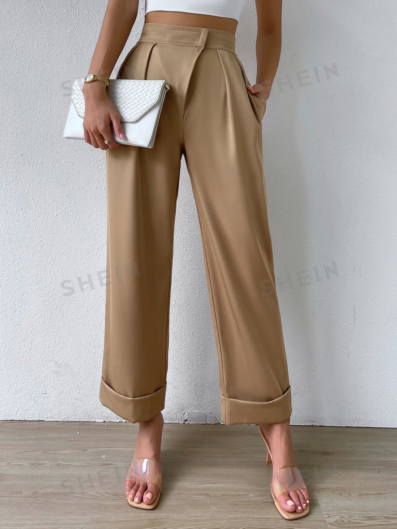 цена SHEIN Privé: женские длинные брюки со складками и карманами, хаки
