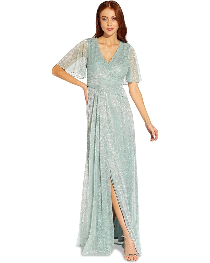Платье Adrianna Papell Metallic Mesh Draped Gown, цвет Sea Glass