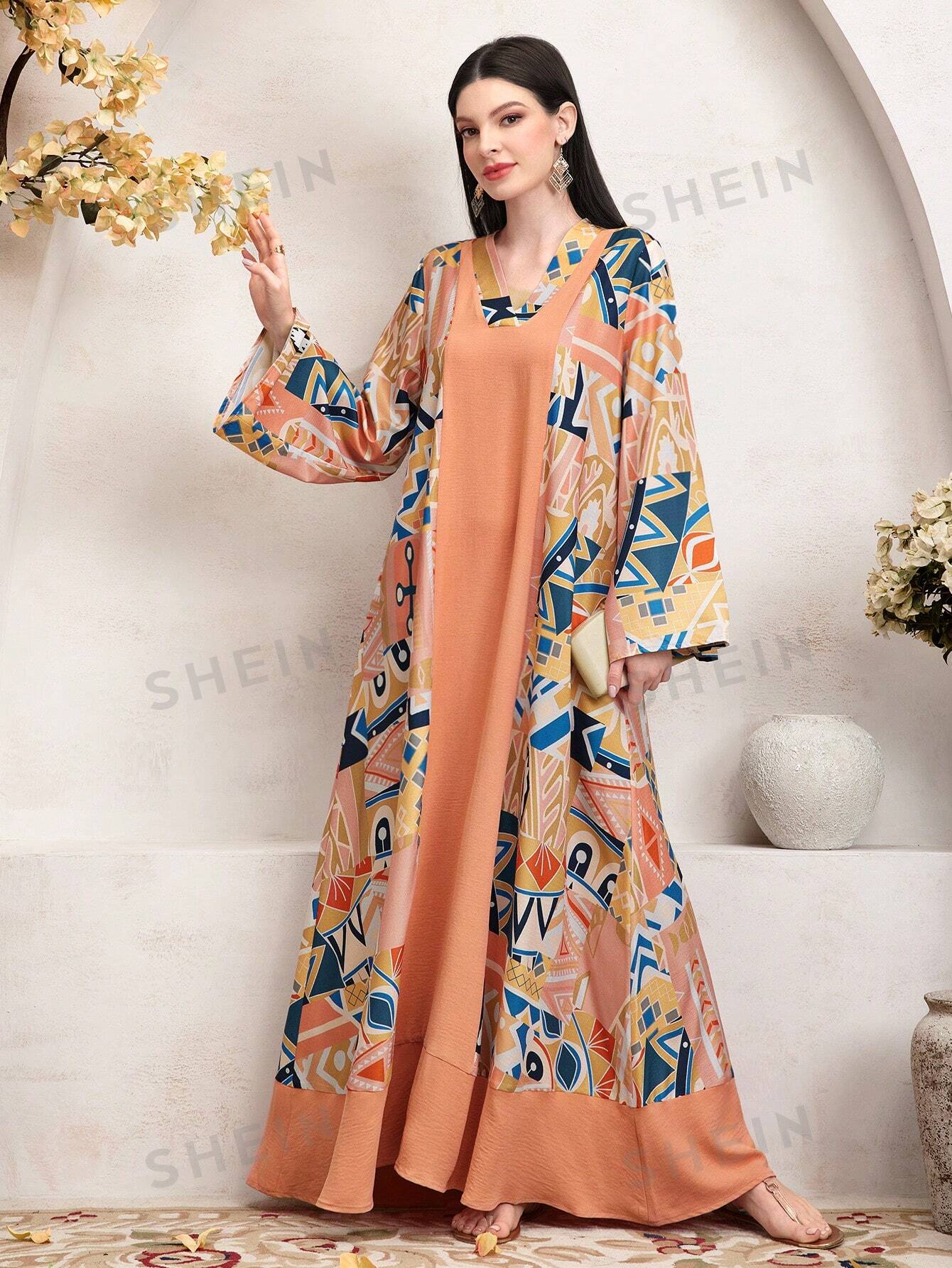 SHEIN Mulvari женское арабское платье с расклешенными рукавами и геометрическим узором, многоцветный shein bohofeels женское платье в стиле пэчворк с рюшами и расклешенными рукавами абрикос