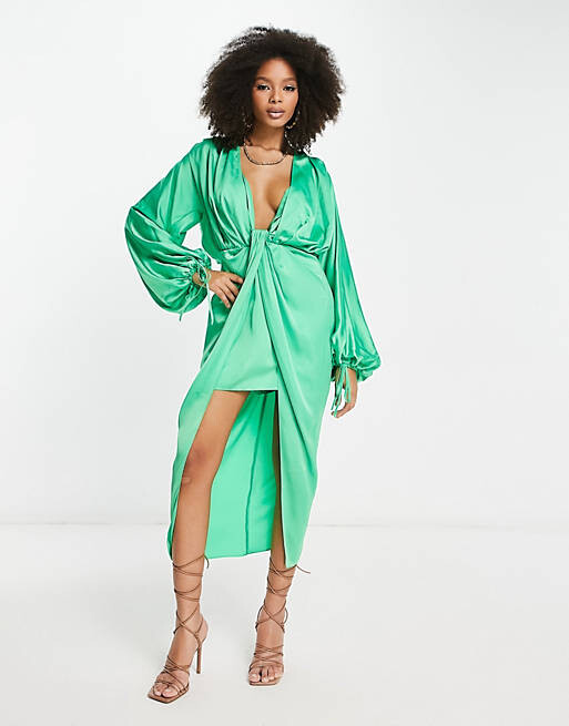 

Зеленое атласное платье миди с блузками и драпированной юбкой ASOS DESIGN