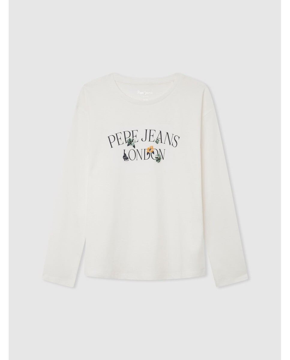 

Футболка для девочек с длинными рукавами и цветочным логотипом Pepe Jeans, белый