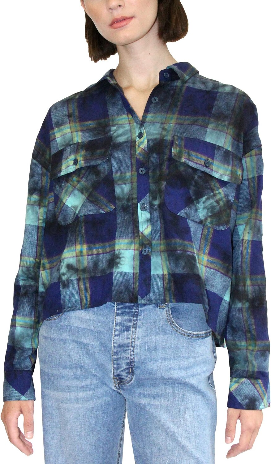 

Рубашка Madden Girl Long Sleeve Plaid Cropped Top w/ Front Pockets & Sequin Patch, цвет Poseidon