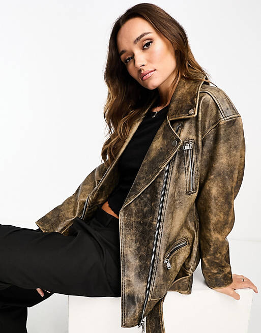

Коричневая байкерская куртка оверсайз из натуральной кожи премиум-класса ASOS DESIGN, Коричневый