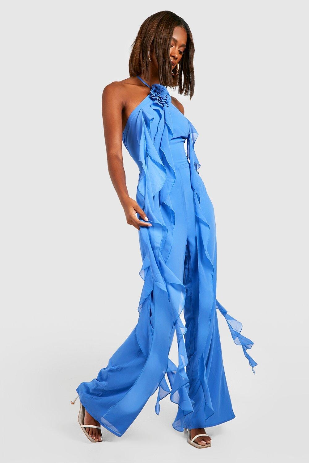 

Шифоновый комбинезон с рюшами Boohoo, кобальтовый