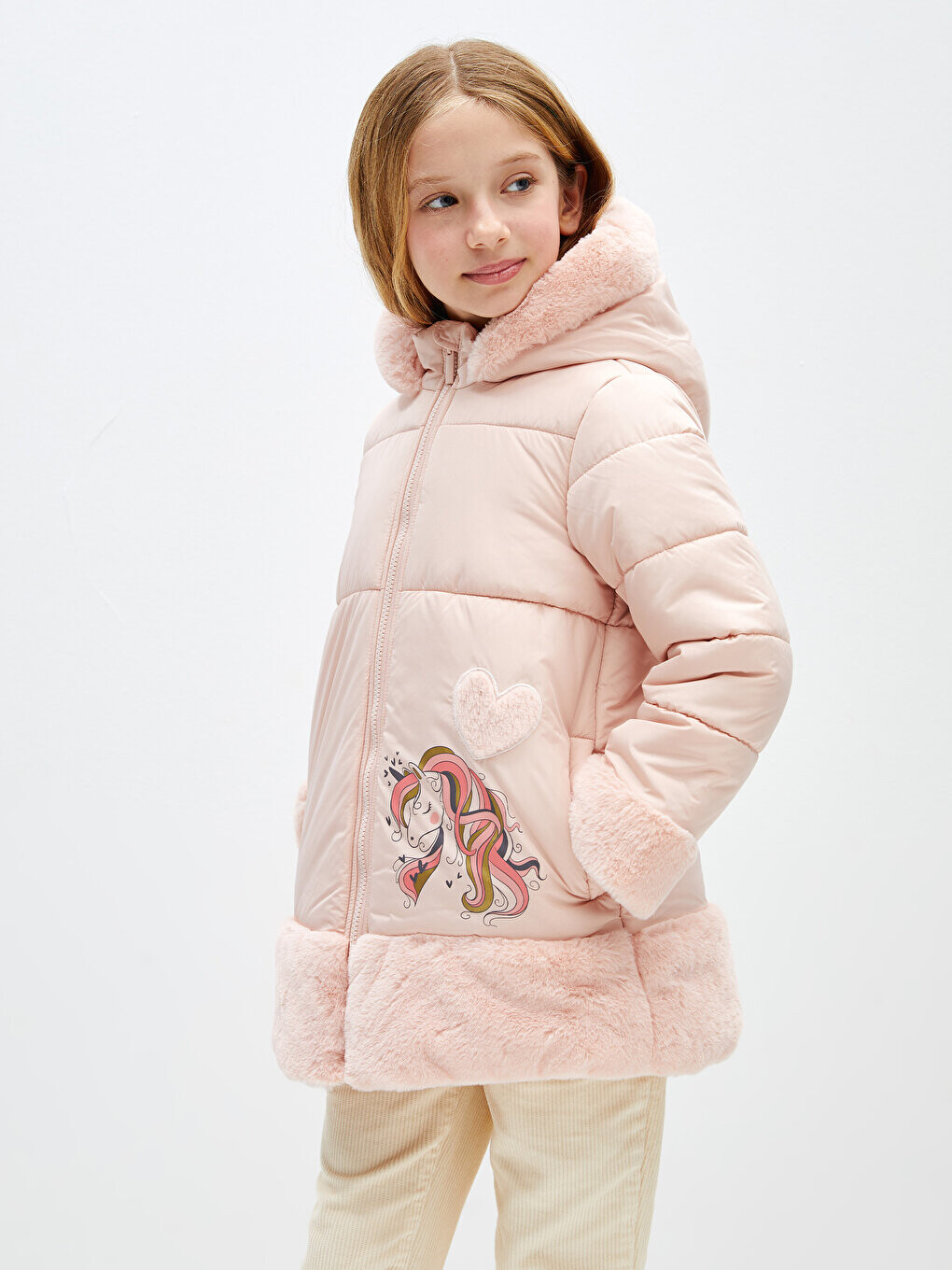 

Пальто для девочек с капюшоном и принтом LCW Kids, матовый розовый