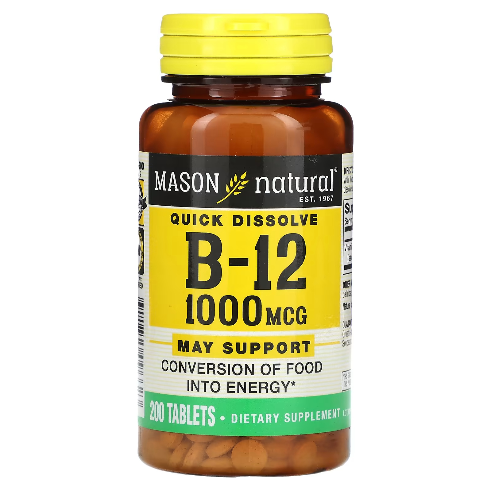 Биологически активная добавка Mason Natural витамин B-12, быстрорастворимый, 1000 мкг., 200 таблеток биологически активная добавка mason natural витамин b 12 3000 мкг 100 таблеток