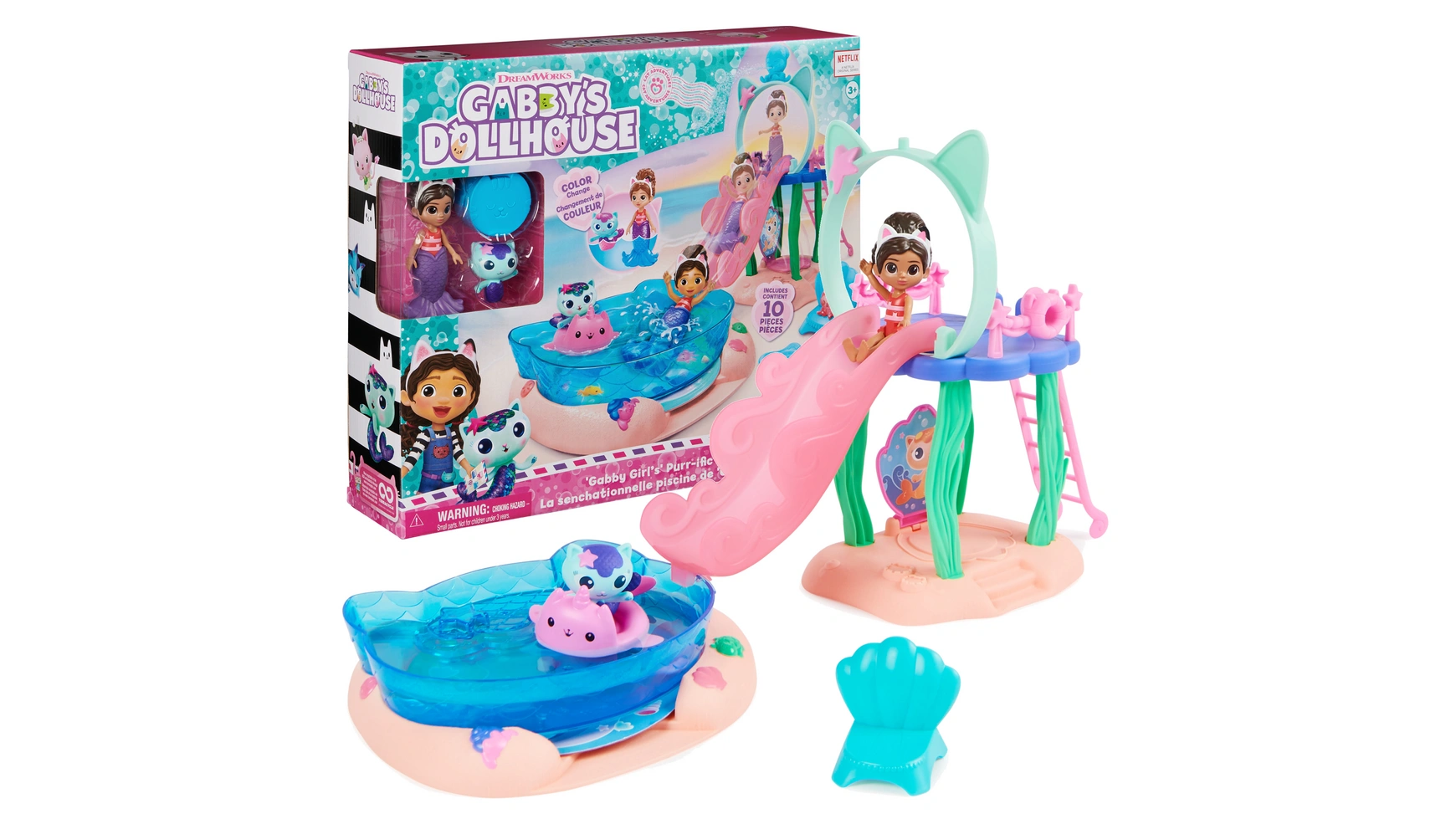 Gabbys Dollhouse Игровой набор Purrific для вечеринки у бассейна с фигурками Габби и морского котенка