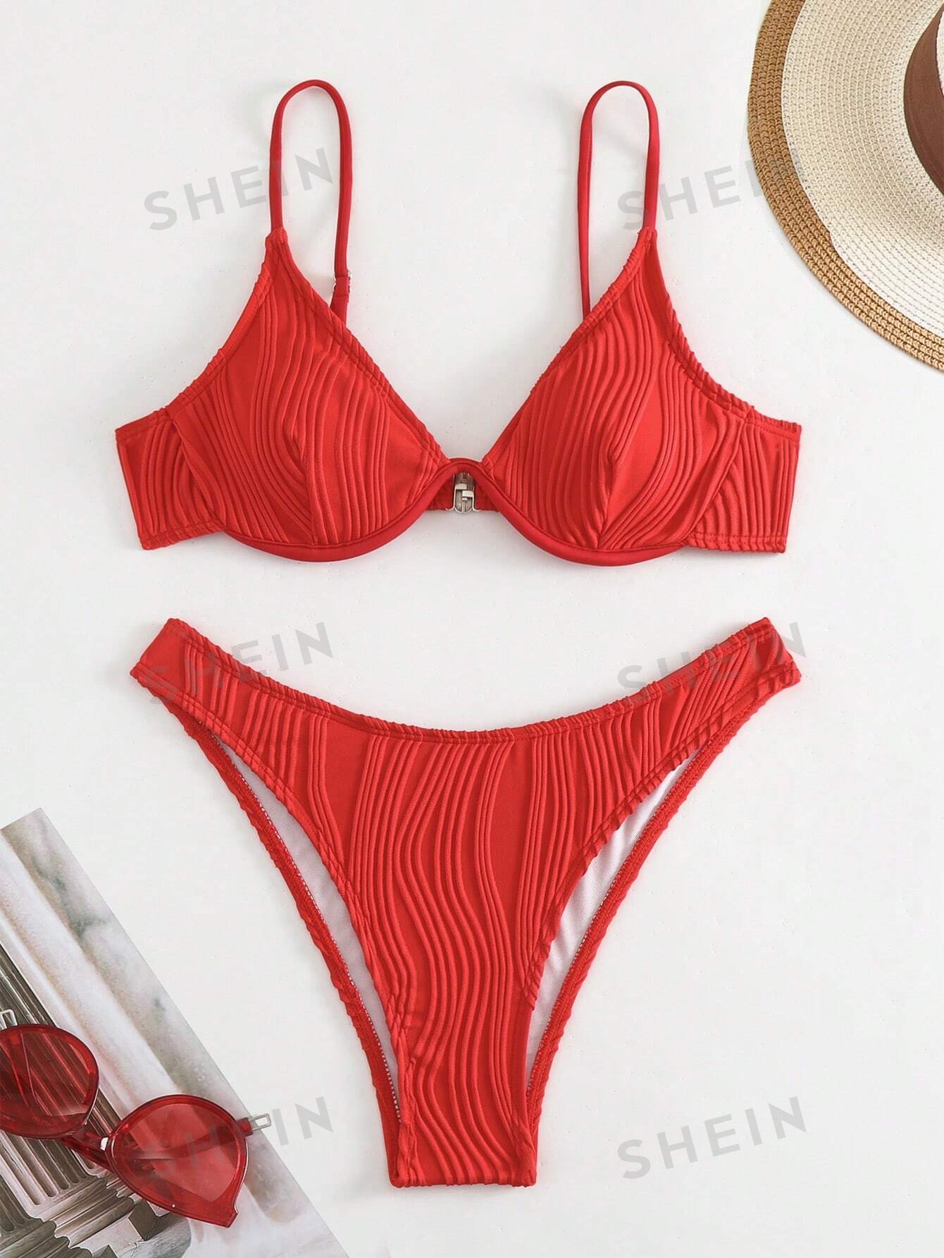 цена SHEIN Swim Basics Однотонный текстурированный раздельный купальник на косточках, красный