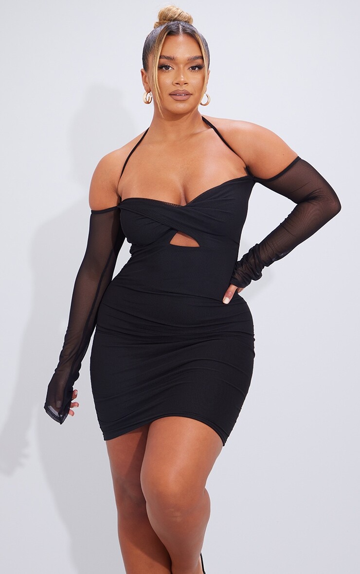 

PrettyLittleThing Черное облегающее платье из сетки с вырезами и рюшами, Черный