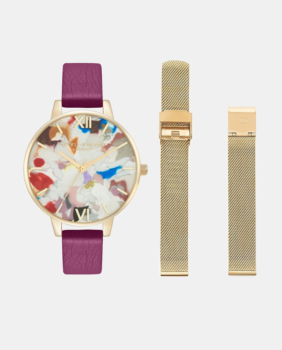 

Женские часы Pop Art OBGSET153 из темно-бордовой кожи и стальной сетки Olivia Burton, гранатовый