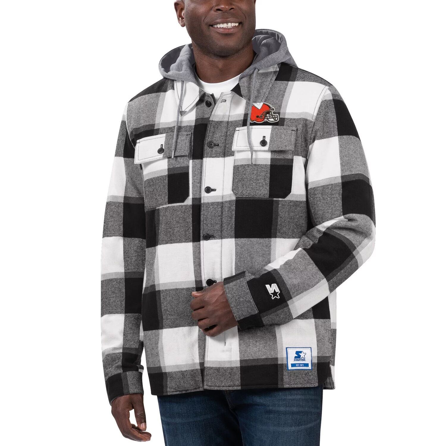 

Мужская черная куртка с капюшоном и молнией во всю длину Cleveland Browns Big Joe в клетку Starter