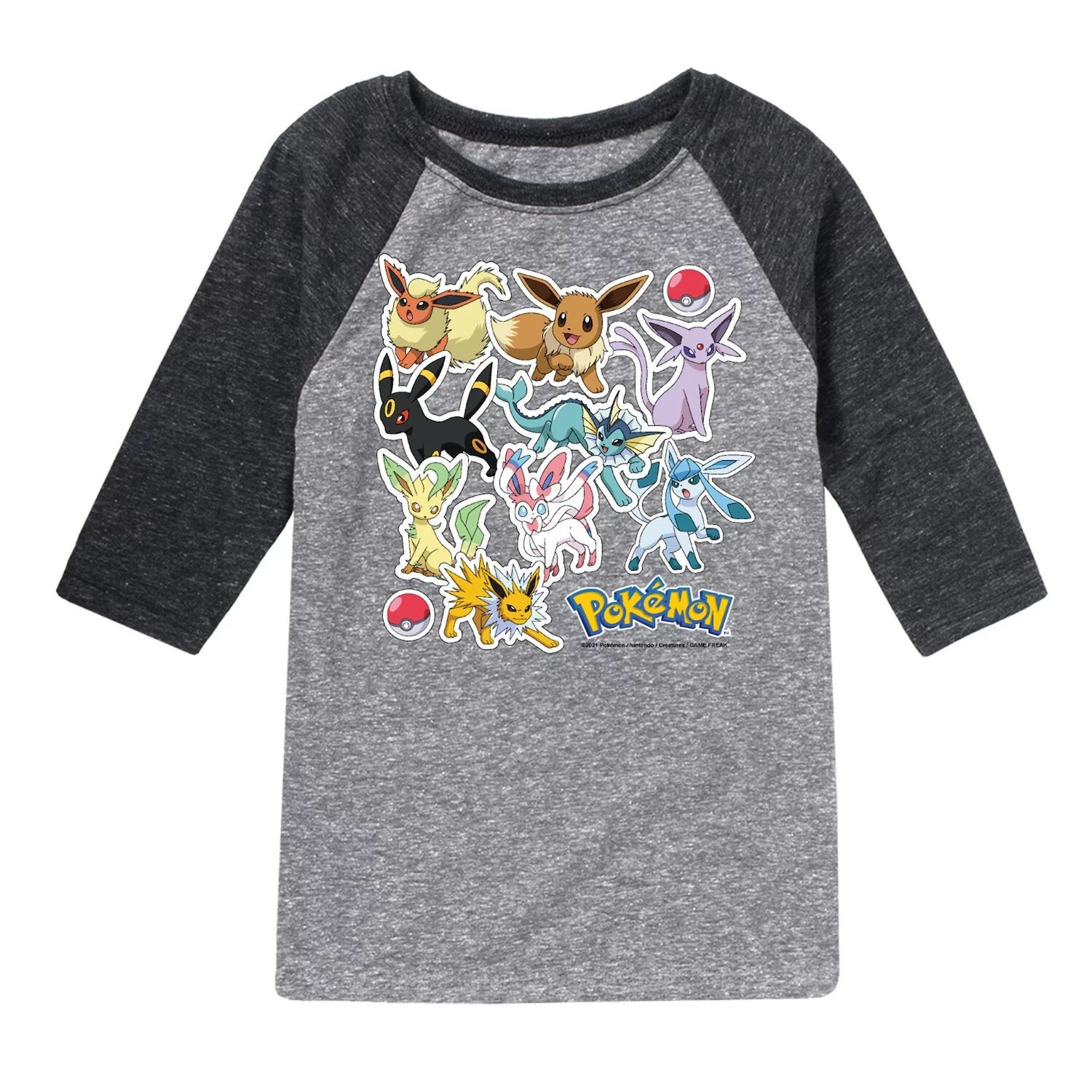 

Футболка с рисунком реглан для мальчиков 8–20 лет с наклейками Pokemon Eevee Licensed Character, серый/черный