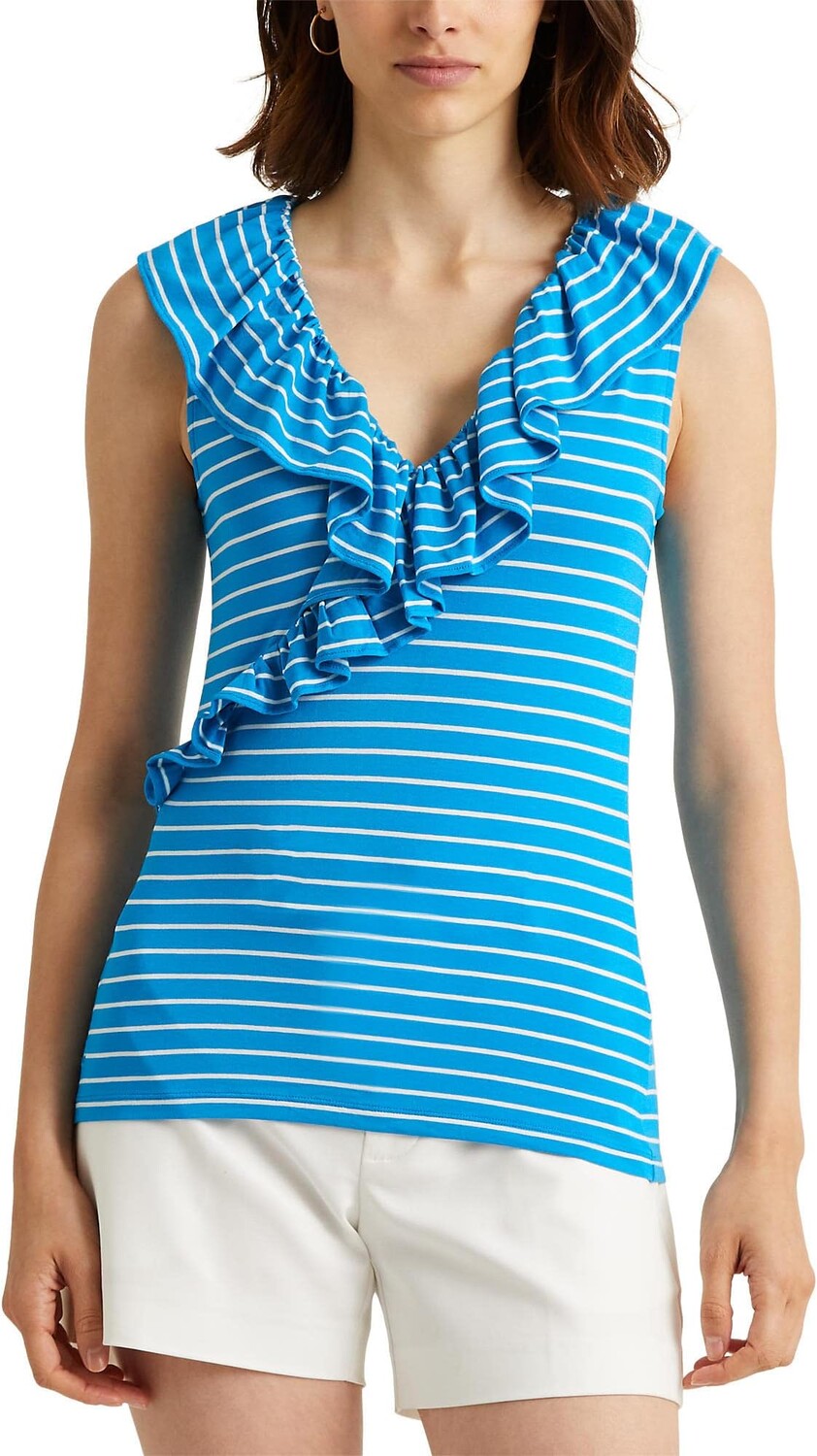 

Топ LAUREN Ralph Lauren Striped Jersey Sleeveless Top, цвет Summer Topaz/White
