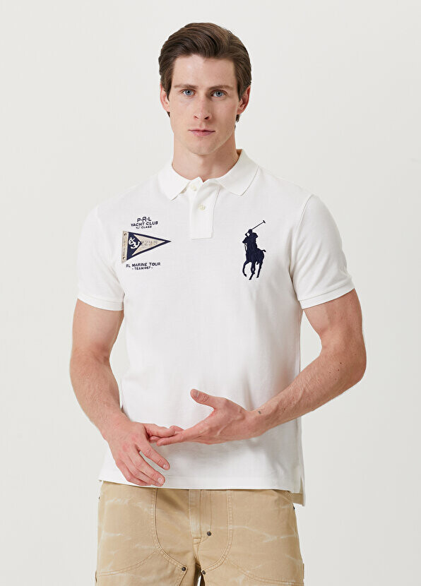 

Футболка с логотипом и воротником-поло цвета экрю Polo Ralph Lauren