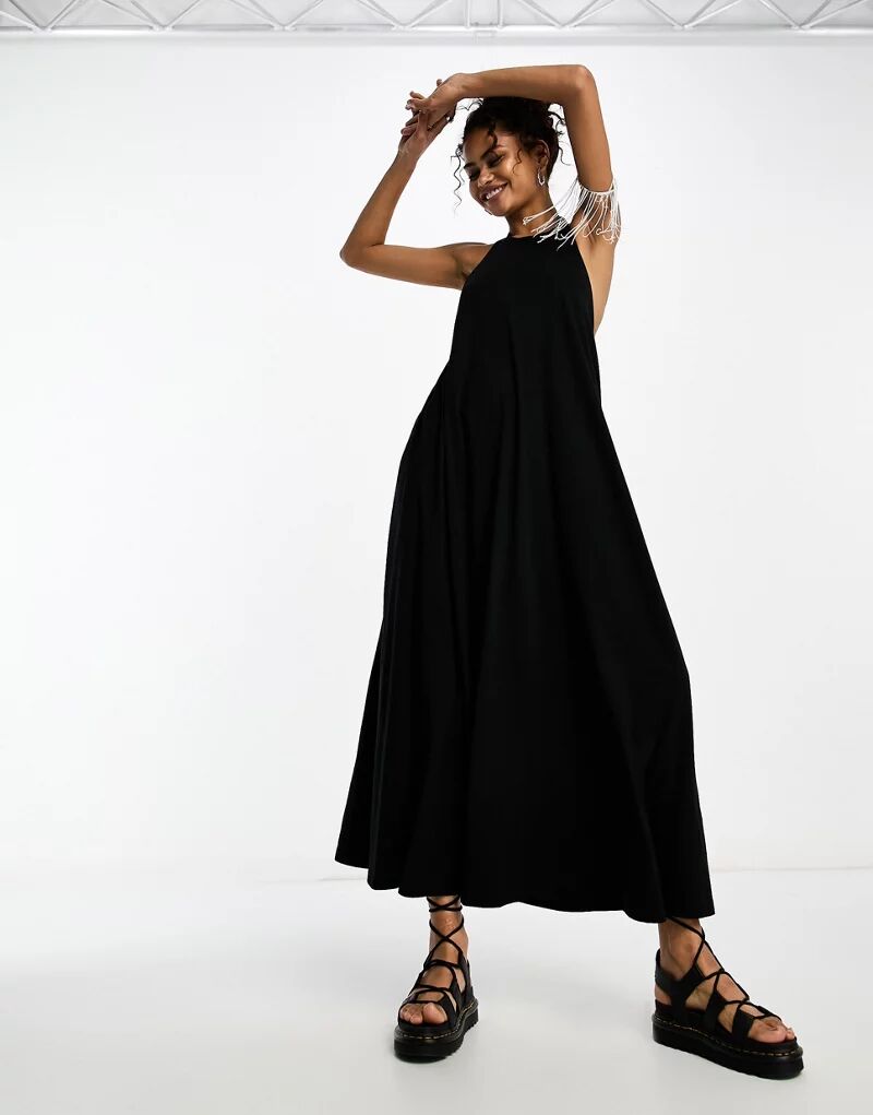 Черное длинное платье с воротником-халтер ASOS