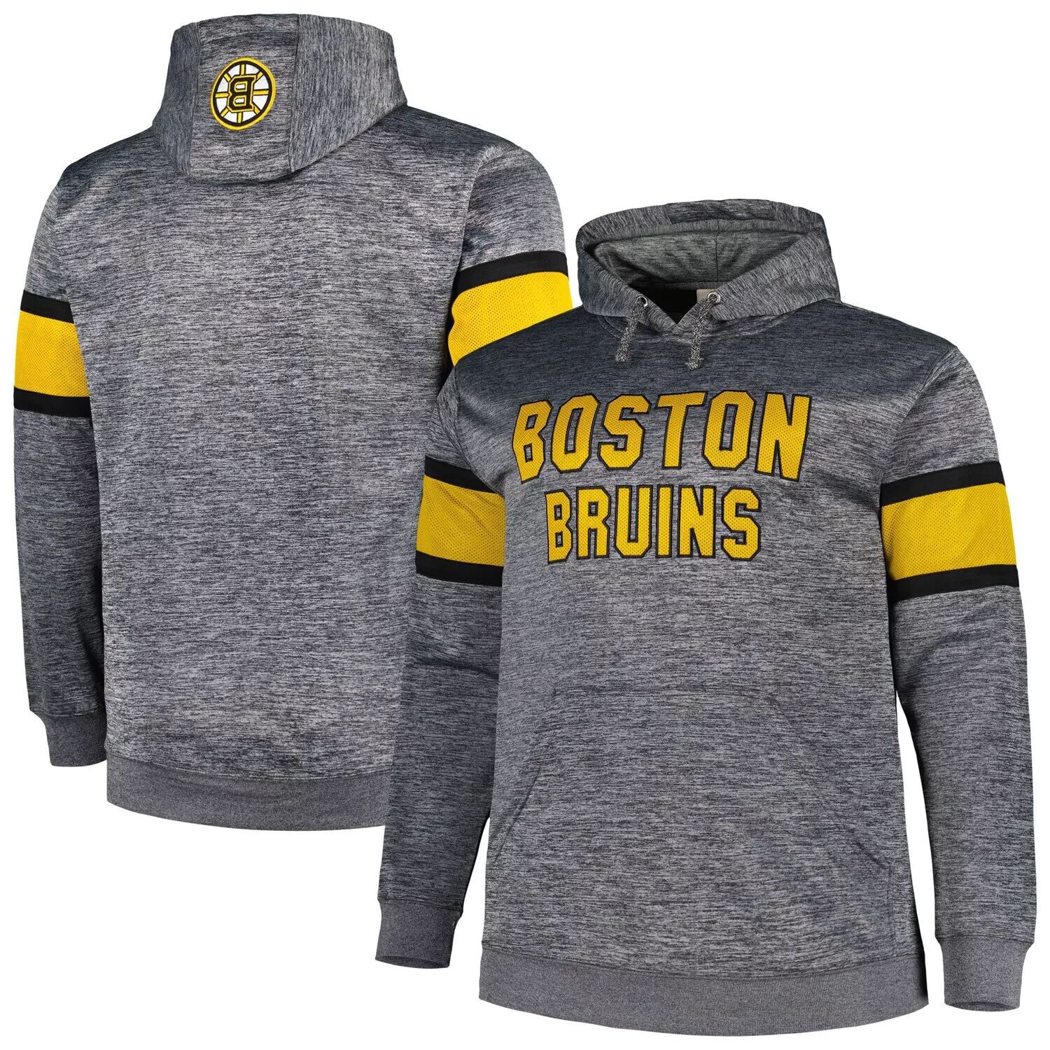 

Мужской пуловер с капюшоном цвета «Heather Charcoal» Boston Bruins с большой и высокой полоской