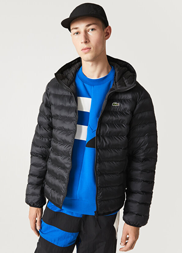 

Черное стеганое мужское пальто с капюшоном Lacoste, Черный