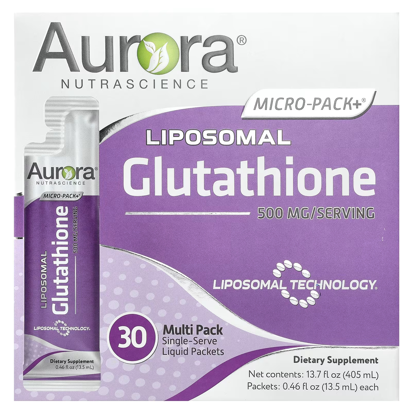 Aurora Nutrascience Micro-Pack+ липосомальный глутатион 500 мг 30 одноразовых пакетов с жидкостью по 0,46 жидких унций (13,5 мл) каждый биодобавка липосомальный глутатион 100мл