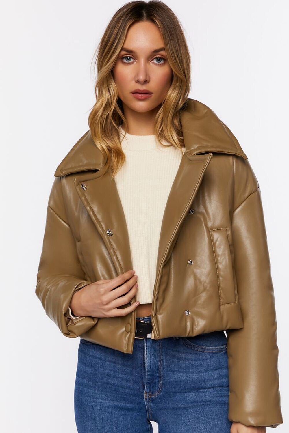 

Отложной пуховик из искусственной кожи Forever 21, серо-коричневый