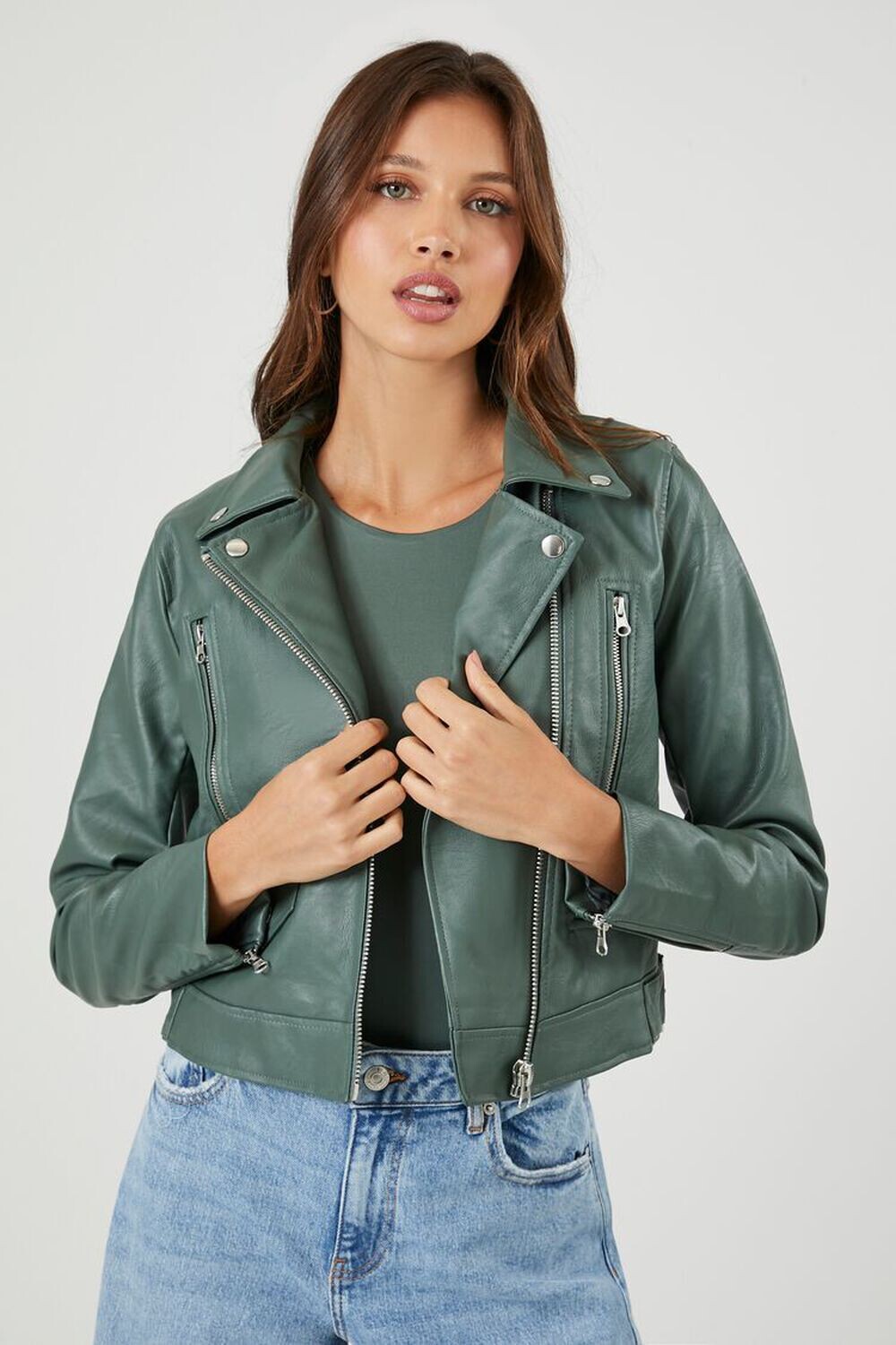 

Укороченная байкерская куртка из искусственной кожи Forever 21, шалфей